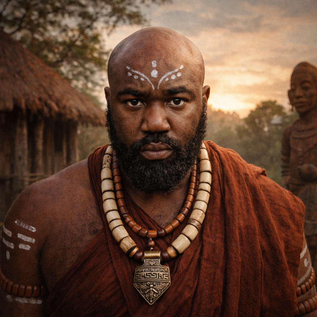 African man reflecting on identity while exploring traditional pre colonial Igbo culture spirituality ancestry and philosophy